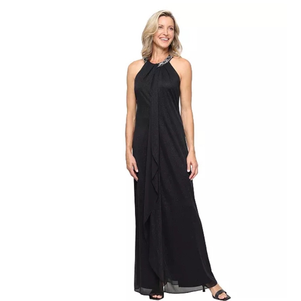 SLNY Womens Black Embellished Halter Neck Draped Evening Gown 119005 Size 14